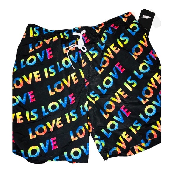 Black rainbow‎ printed ‘love is love’ men swim trunks New size large - Picture 2 of 6